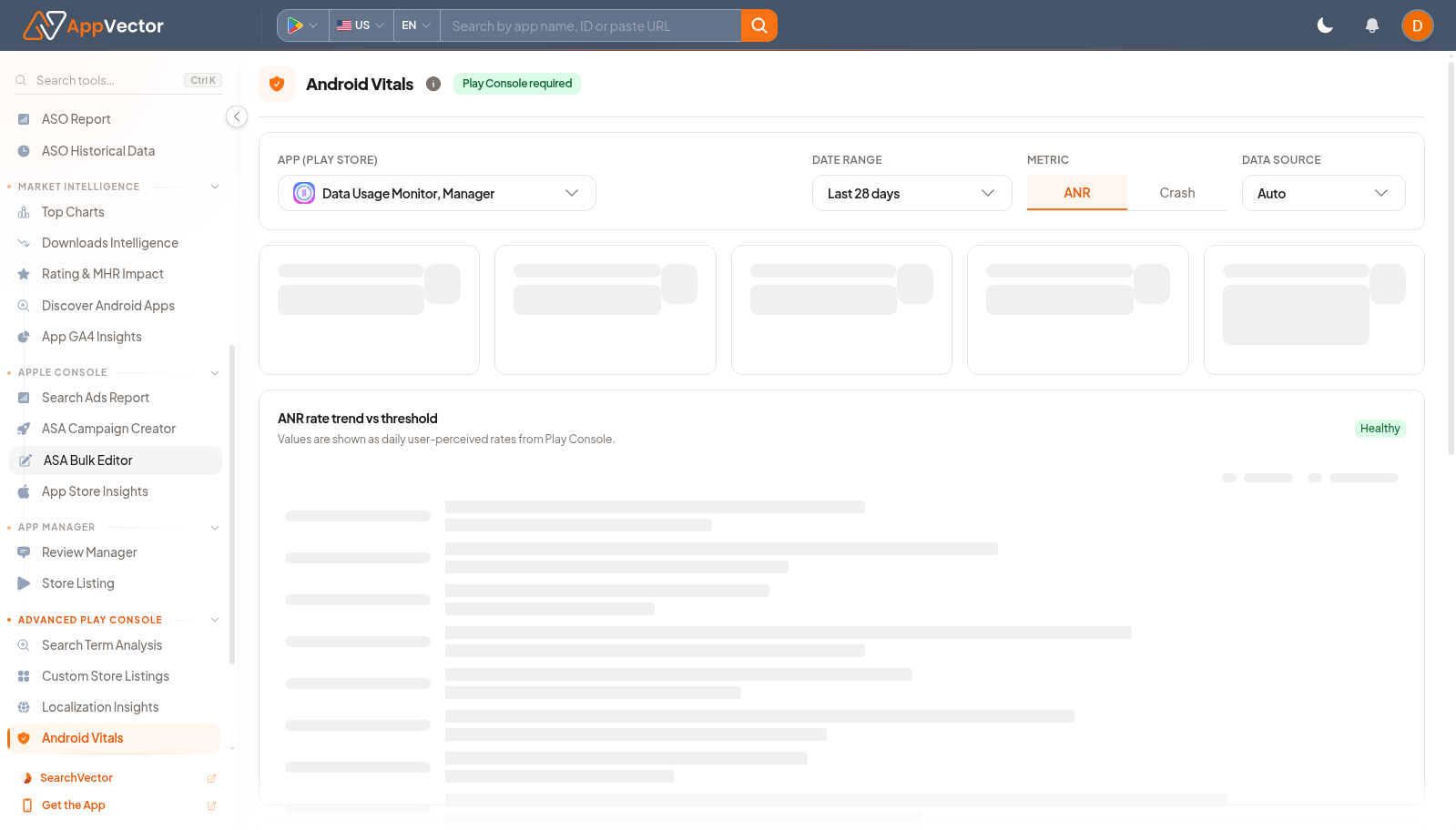 Android Vitals page with app search, date range, and ANR or crash controls