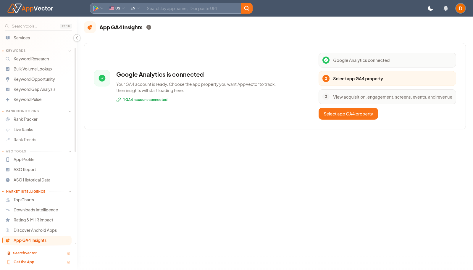 App GA4 Insights page with GA4 property selector