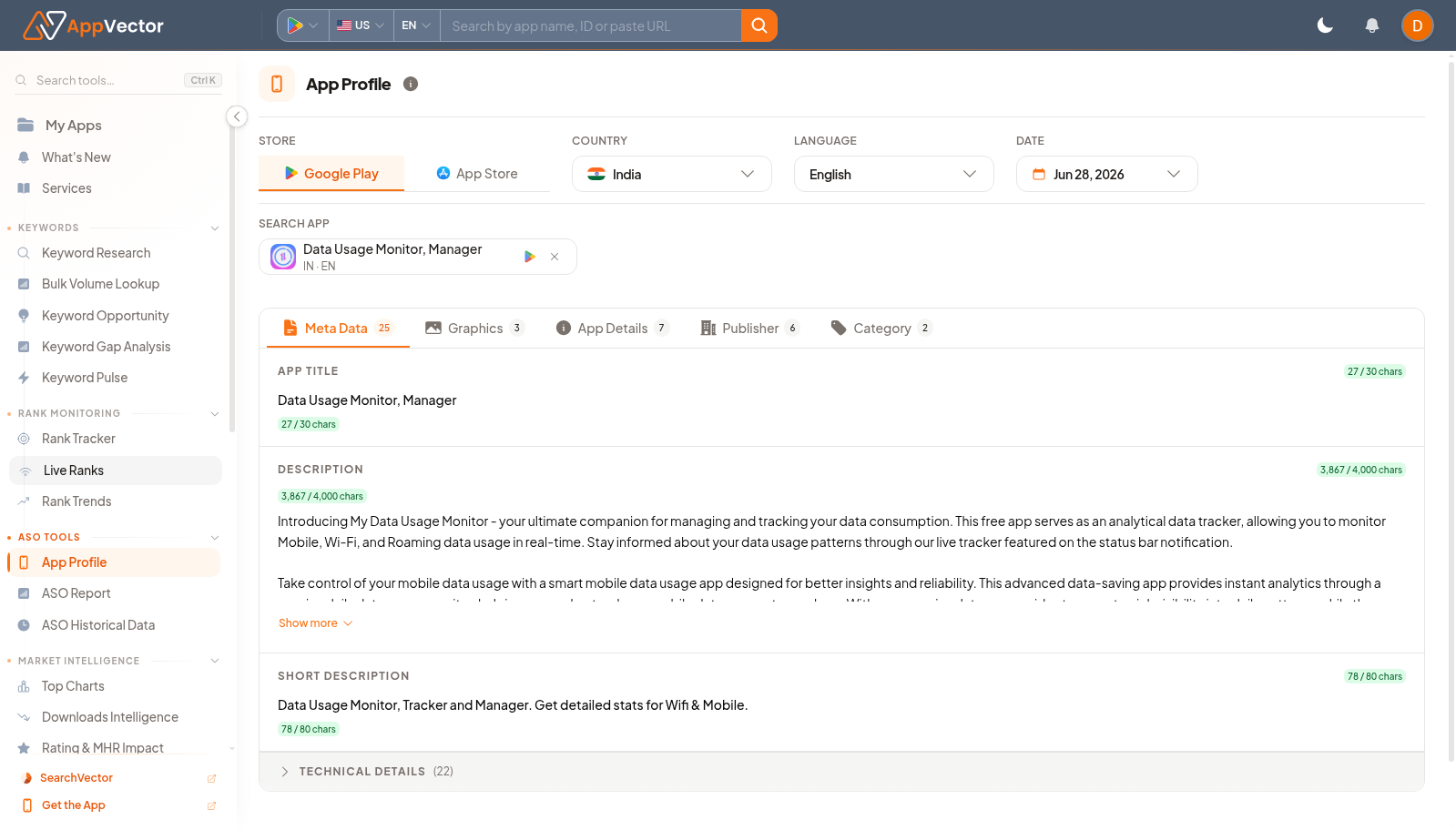 App Profile page with metadata, graphics, app details, publisher, and category tabs