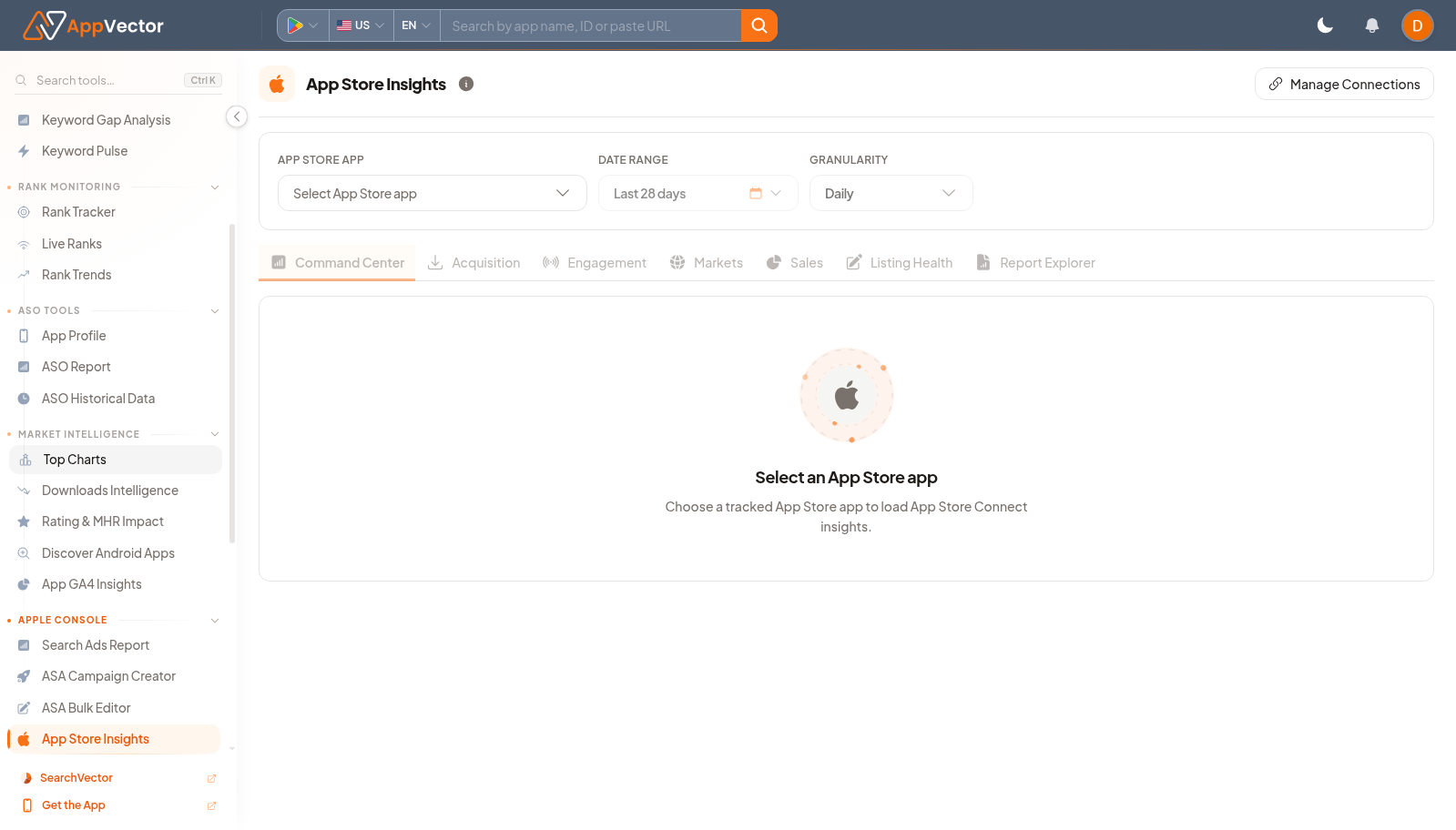 App Store Insights page with tabs for command center, acquisition, engagement, markets, sales, listing health, and report explorer