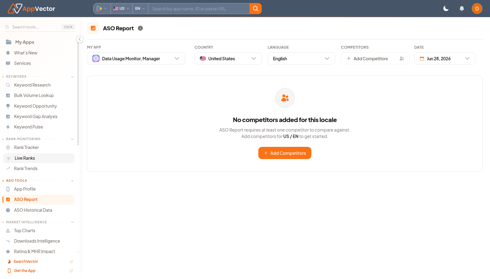 ASO Report page for Data Usage Monitor with country, language, competitor, and date controls