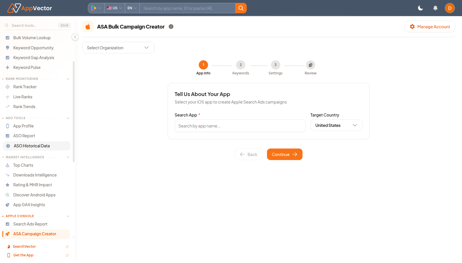ASA Bulk Campaign Creator setup page with organization and country controls