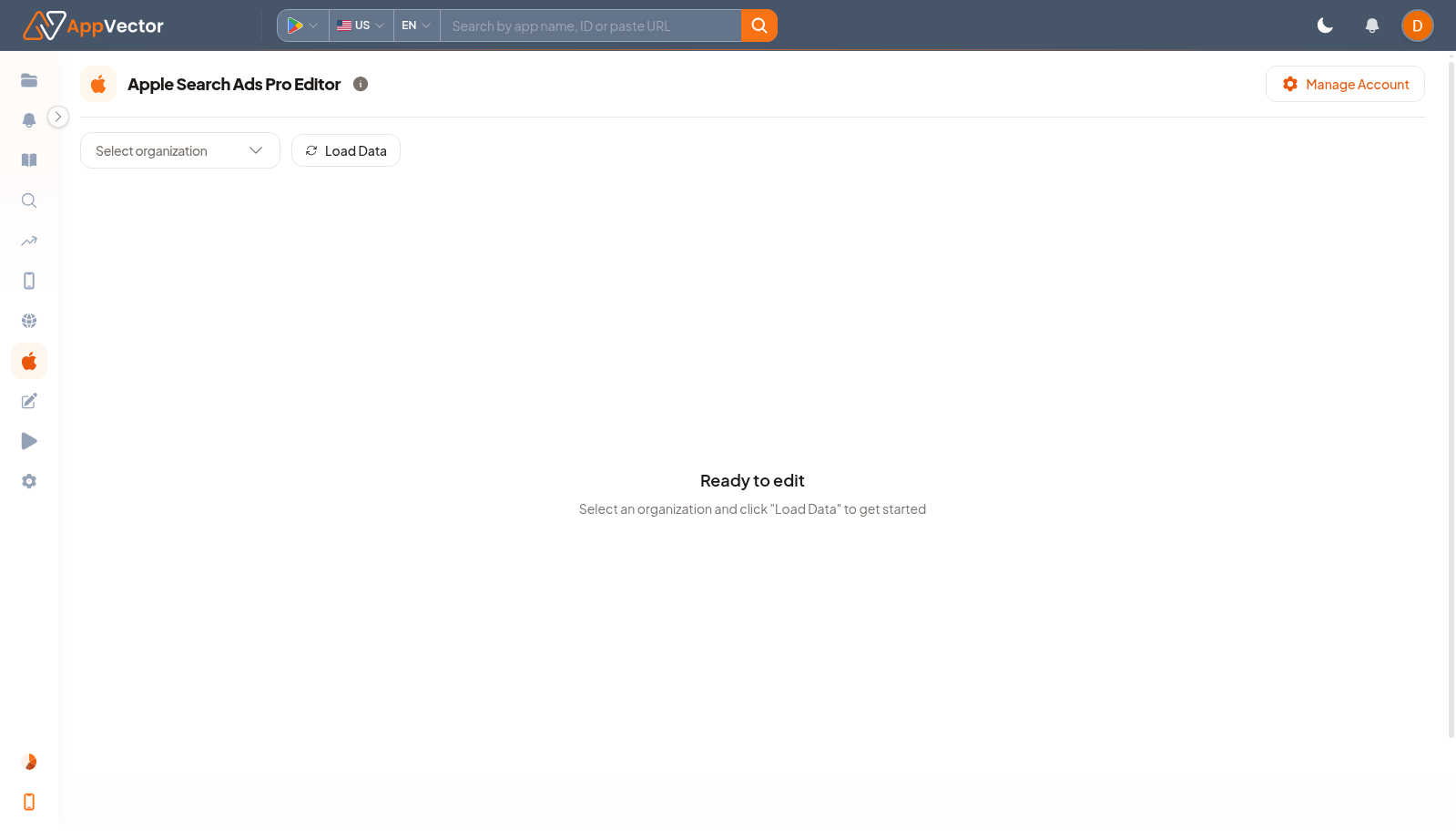 Apple Search Ads Pro Editor page with organization selector and Load Data button