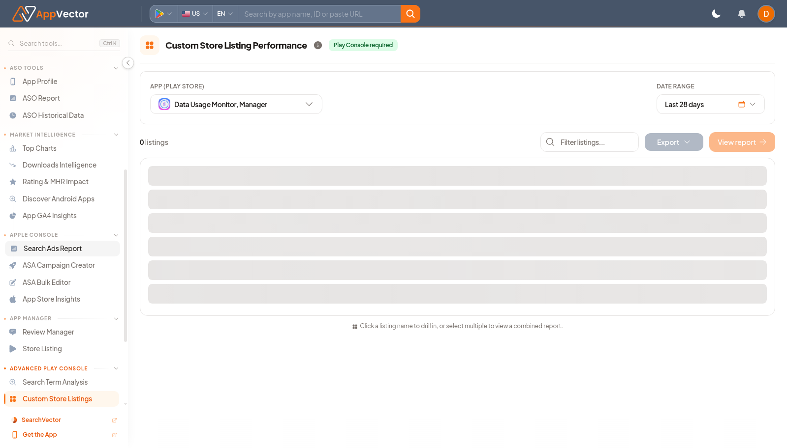 Custom Store Listing Performance page with app search, date range, and demo control