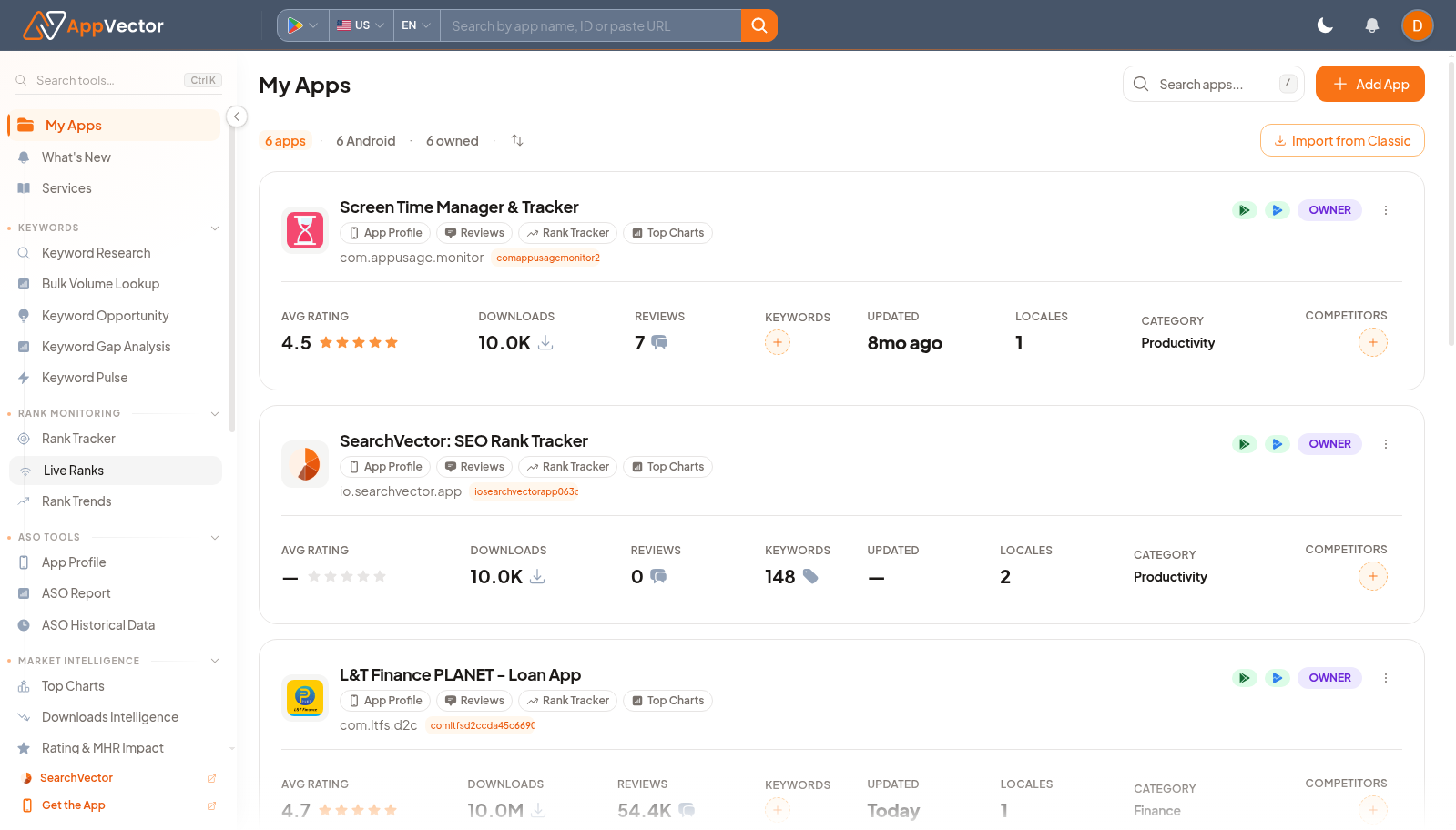 AppVector My Apps dashboard