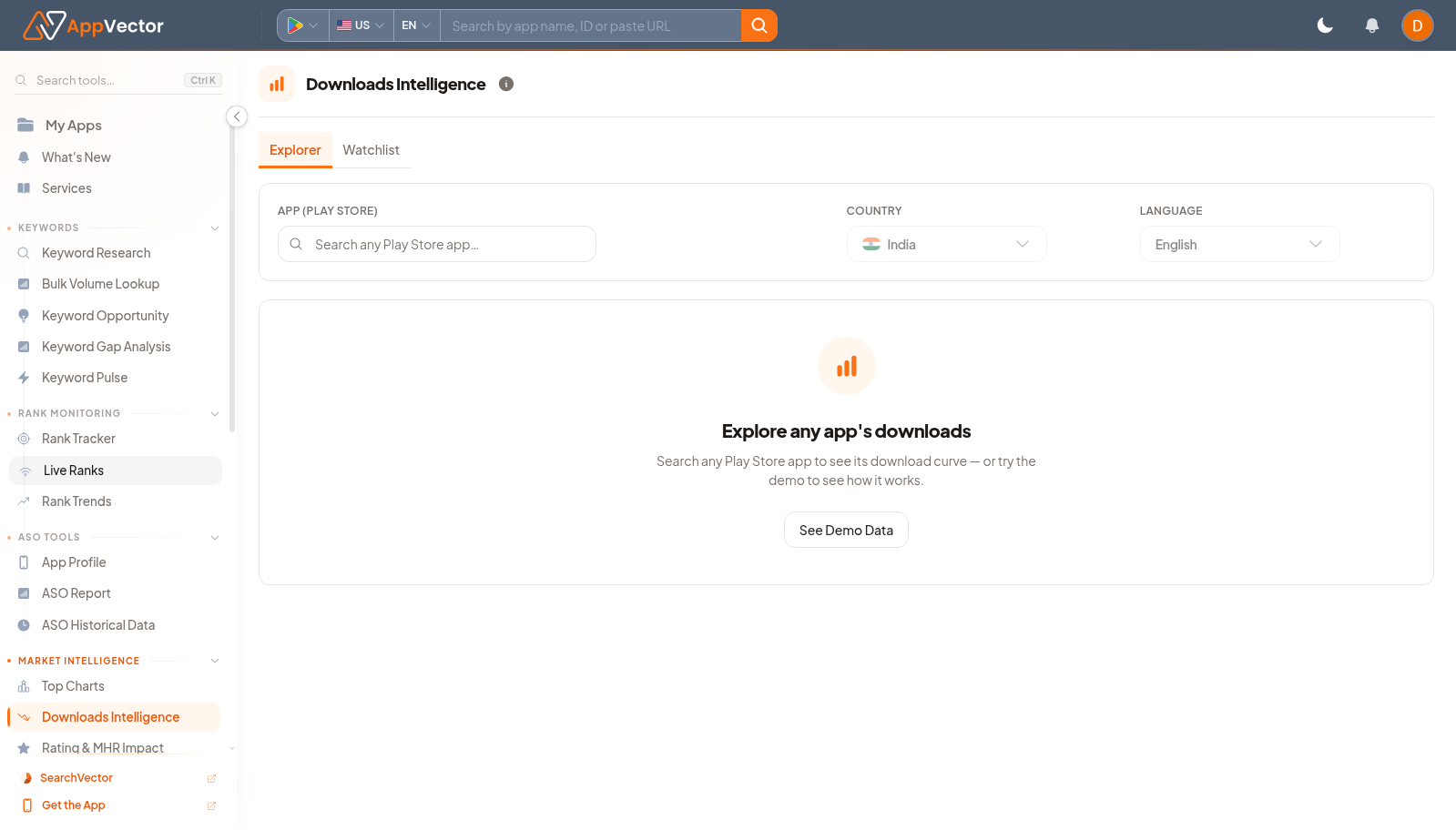 Downloads Intelligence page with Explorer, saved-list, country, language, and demo data controls