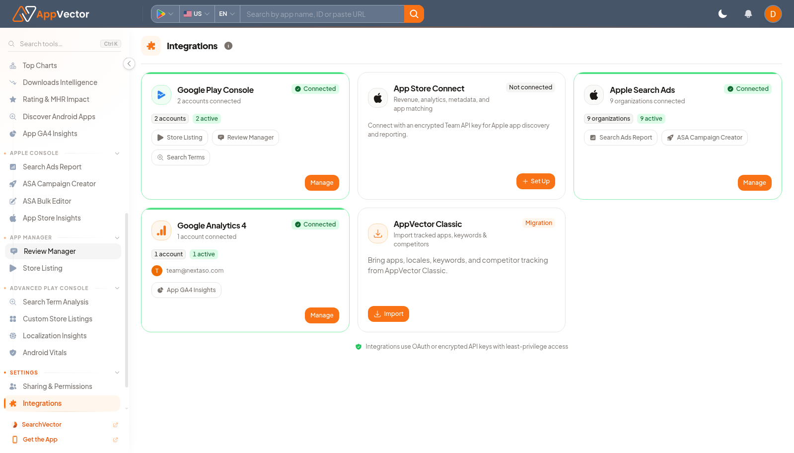 Integrations page with manage, setup, and import controls