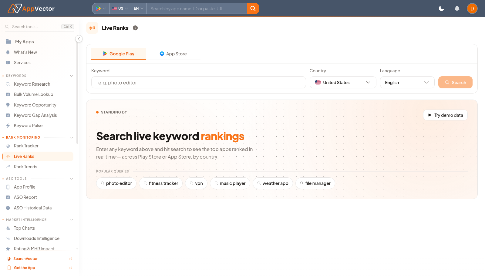 Live Ranks page with store, country, language, search field, and demo keyword chips