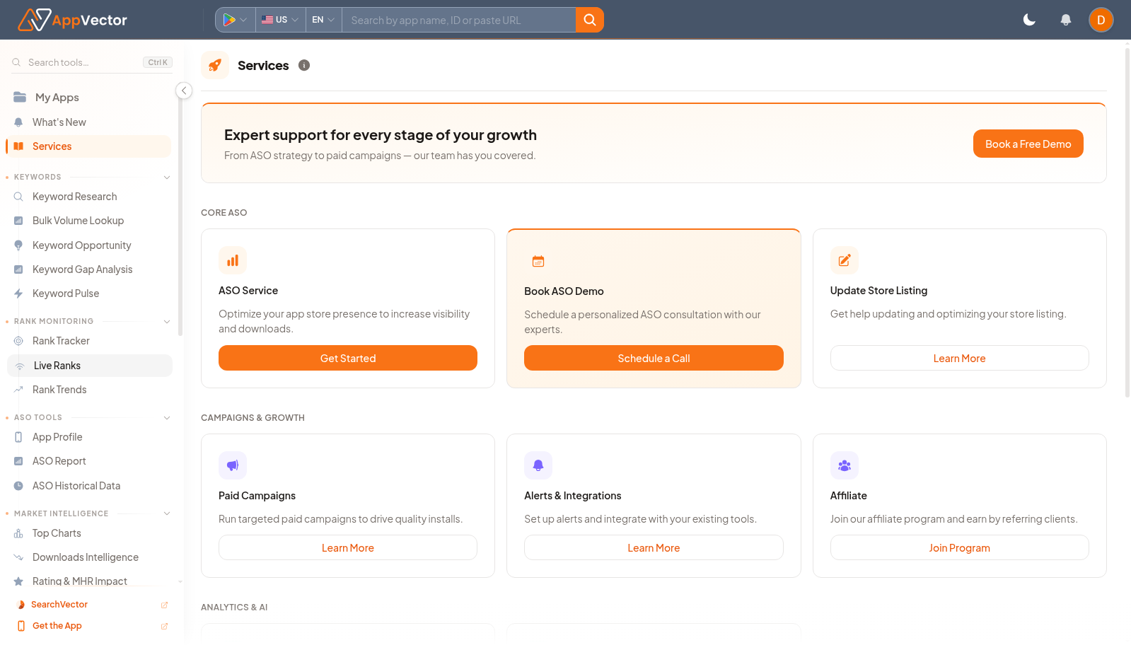 Services page with demo, get started, schedule a call, learn more, and program controls