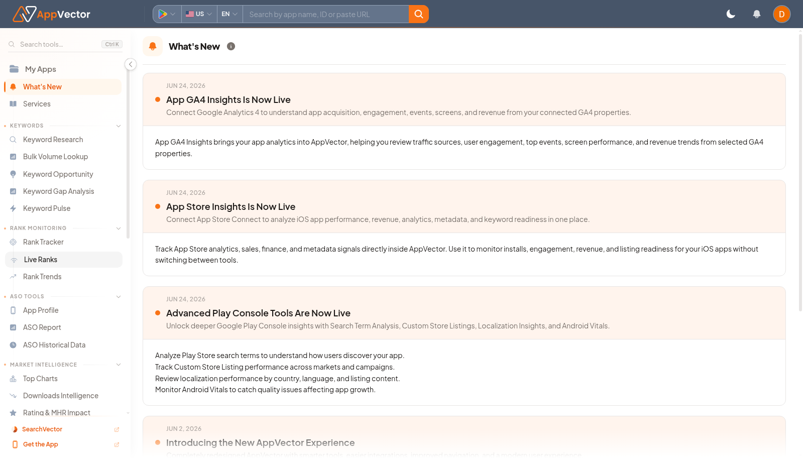 What's New page in the AppVector workspace